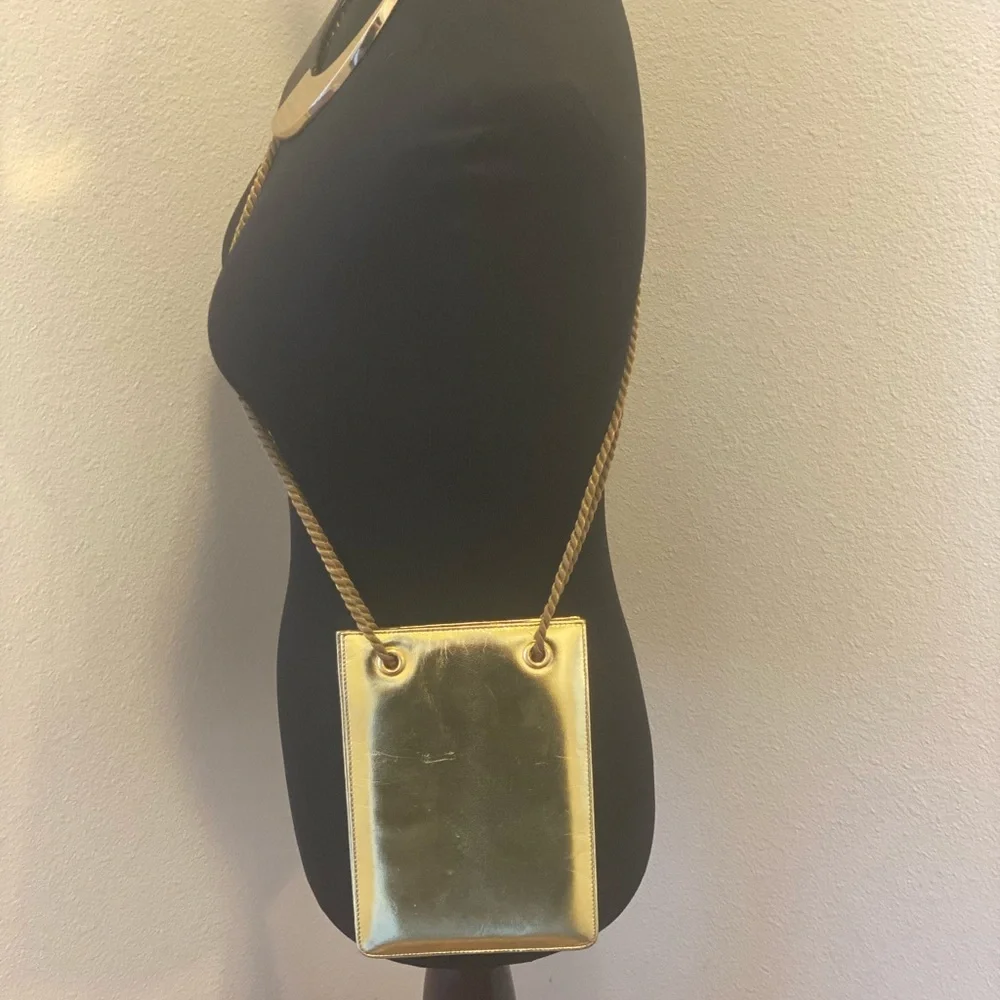 Ralph Lauren Leather Metallic Gold Mini Crossbody Bag Rope Handles Mirror - Picture 2 of 8